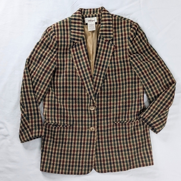 Vintage Jackets & Blazers - VTG Plaid Longline 80s 90s Tan Button Front Blazer